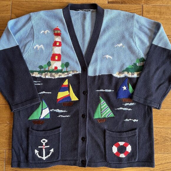 Vintage L Cardigan Sweater Lighthouse Sailing Sailboat Coastal Maritime Seaside - Picture 2 of 8
